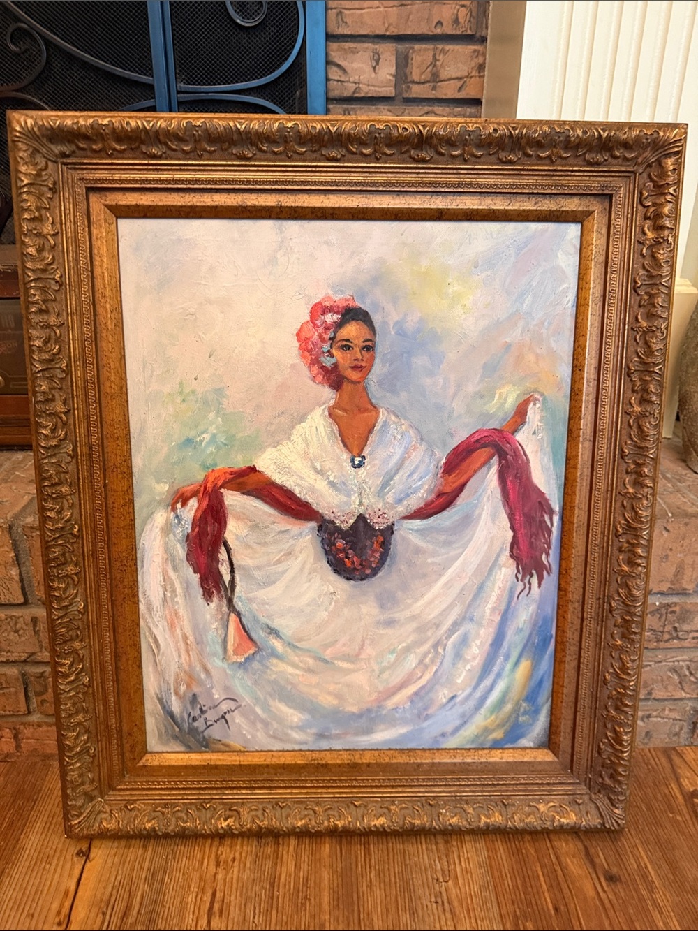 Framed Floral Dancer Oil Painting - White and Red Home Art